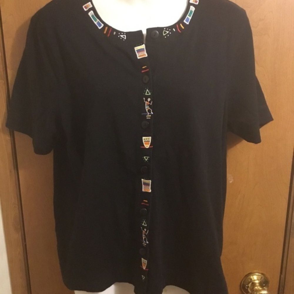 Black Short Sleeve Button UpTop with Colorful Tribal Geometric Embroidery L